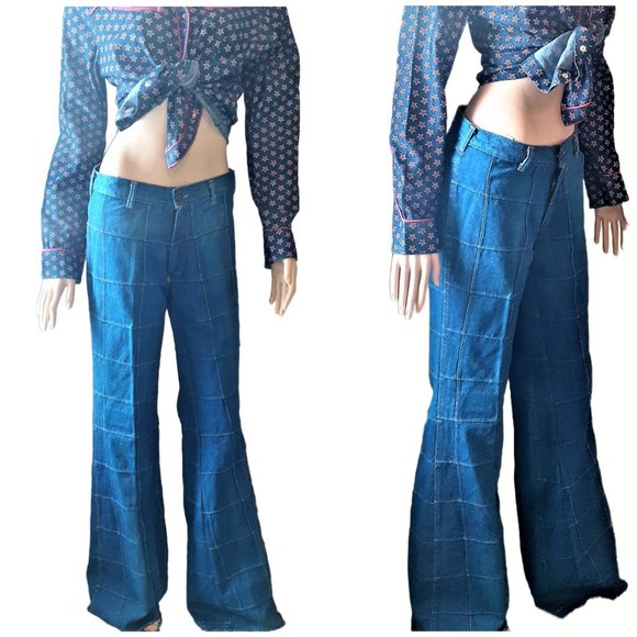 ULTRA RARE Brittania Patchwork Bell Bottom Jeans - 32 Long DEADSTOCK - Picture 2 of 5
